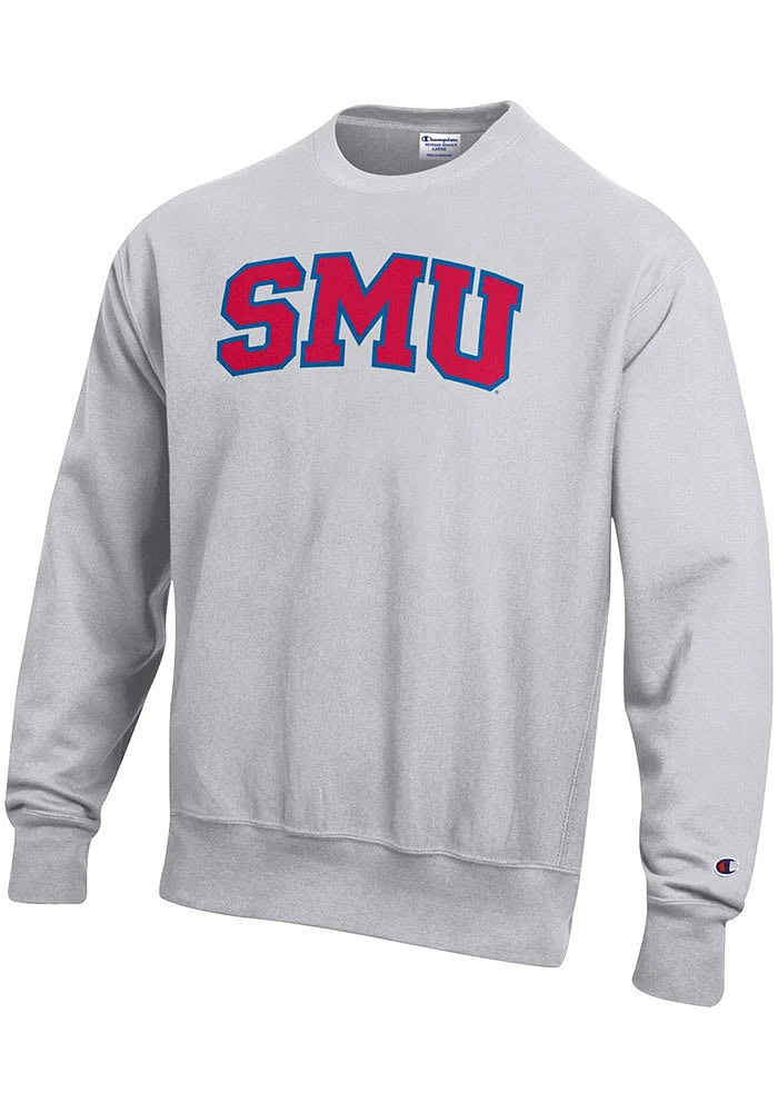 Champion SMU Mustangs Mens Grey Wordmark Reverse Weave Long Sleeve Crew Sweatshirt