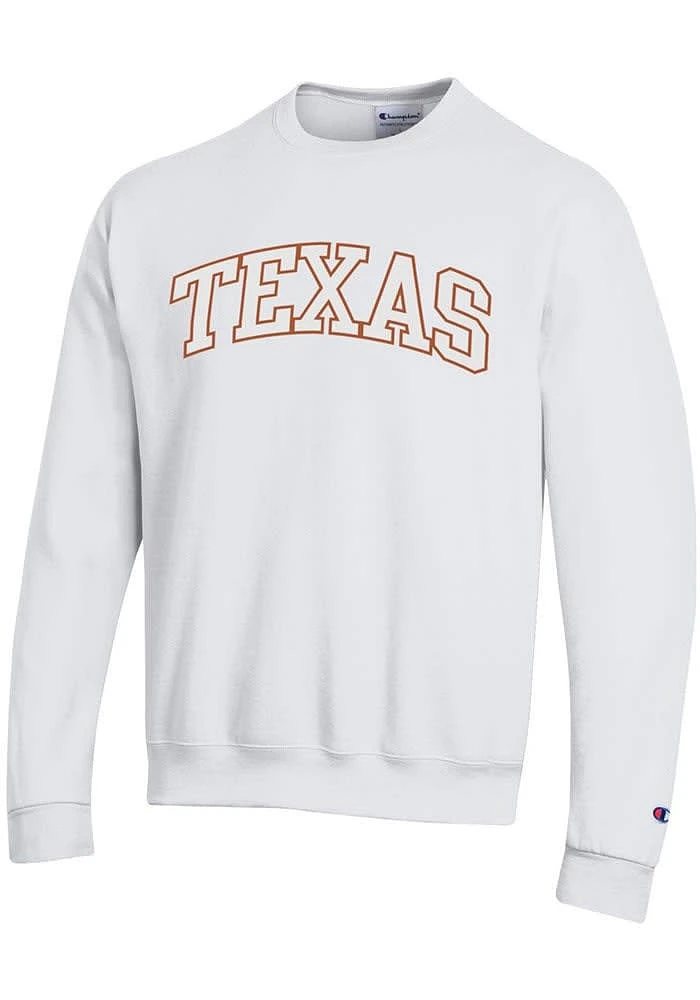 Champion Texas Longhorns Mens White Powerblend Twill Arch Name Long Sleeve Crew Sweatshirt