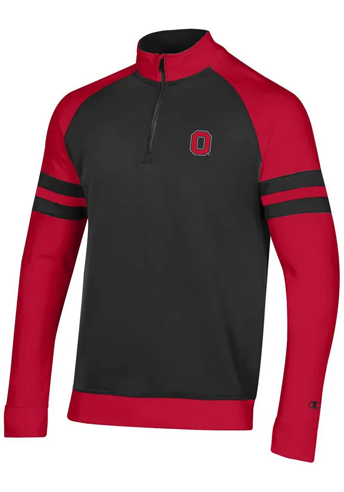 Champion Ohio State Buckeyes Mens Black Super Fan Raglan Striped Long Sleeve 1/4 Zip Pullover