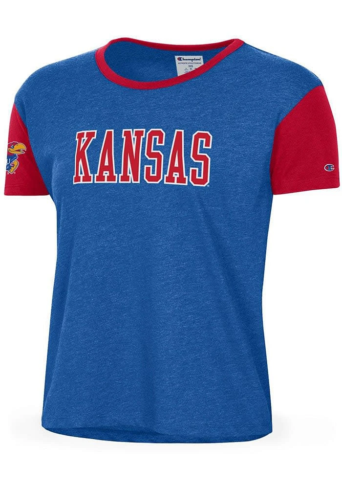 Champion Kansas Jayhawks Womens Blue Boyfriend Crop Short Sleeve T-Shirt