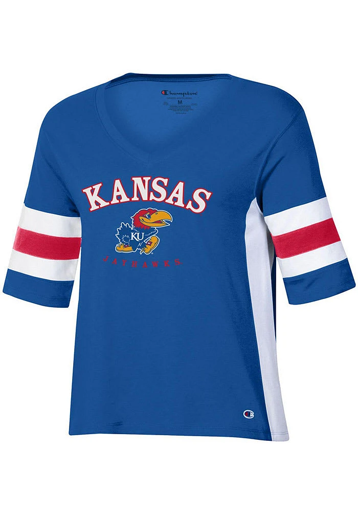 Champion Kansas Jayhawks Womens Blue Varsity Sleeve Stripe Short T-Shirt