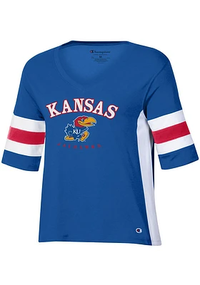 Champion Kansas Jayhawks Womens Blue Varsity Sleeve Stripe Short T-Shirt