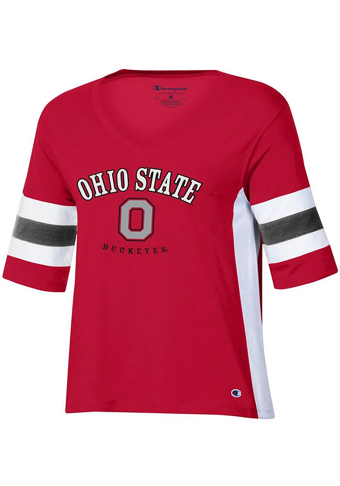 Champion Ohio State Buckeyes Womens Red Varsity Sleeve Stripe Short T-Shirt