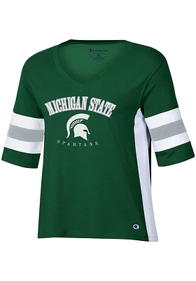 Champion Michigan State Spartans Womens Green Varsity Sleeve Stripe Short T-Shirt