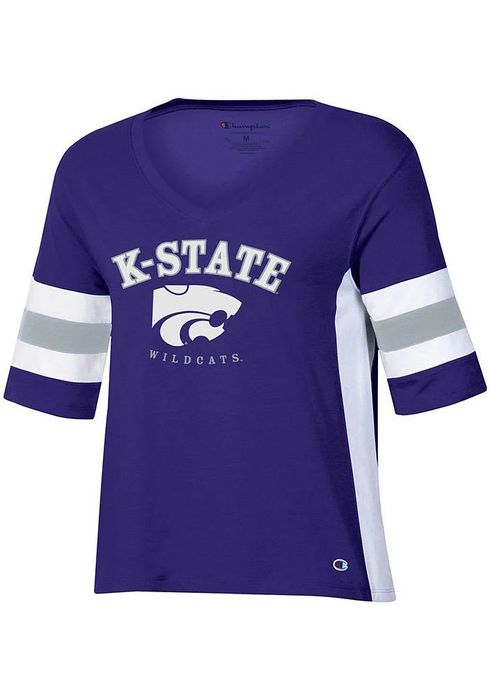 Champion K-State Wildcats Womens Purple Varsity Sleeve Stripe Short T-Shirt