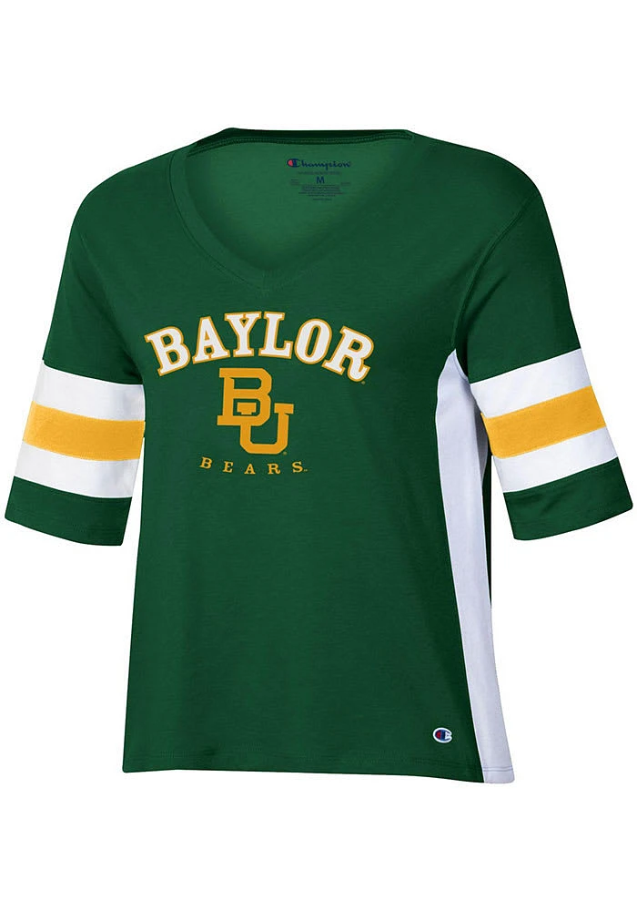 Champion Baylor Bears Womens Green Varsity Sleeve Stripe Short T-Shirt