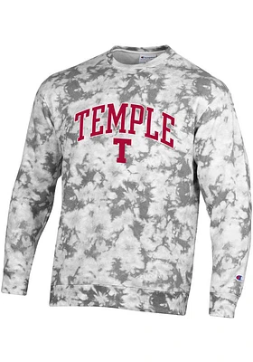 Champion Temple Owls Mens Grey Crush Tie Dye Long Sleeve Crew Sweatshirt