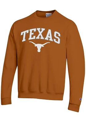 Champion Texas Longhorns Mens Burnt Orange Powerblend Arch Mascot Twill Long Sleeve Crew Sweatshir..