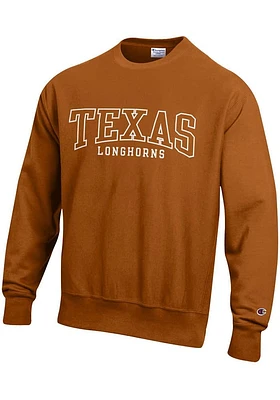 Champion Texas Longhorns Mens Burnt Orange Reverse Weave Arch Mascot Name Long Sleeve Crew Sweatsh..