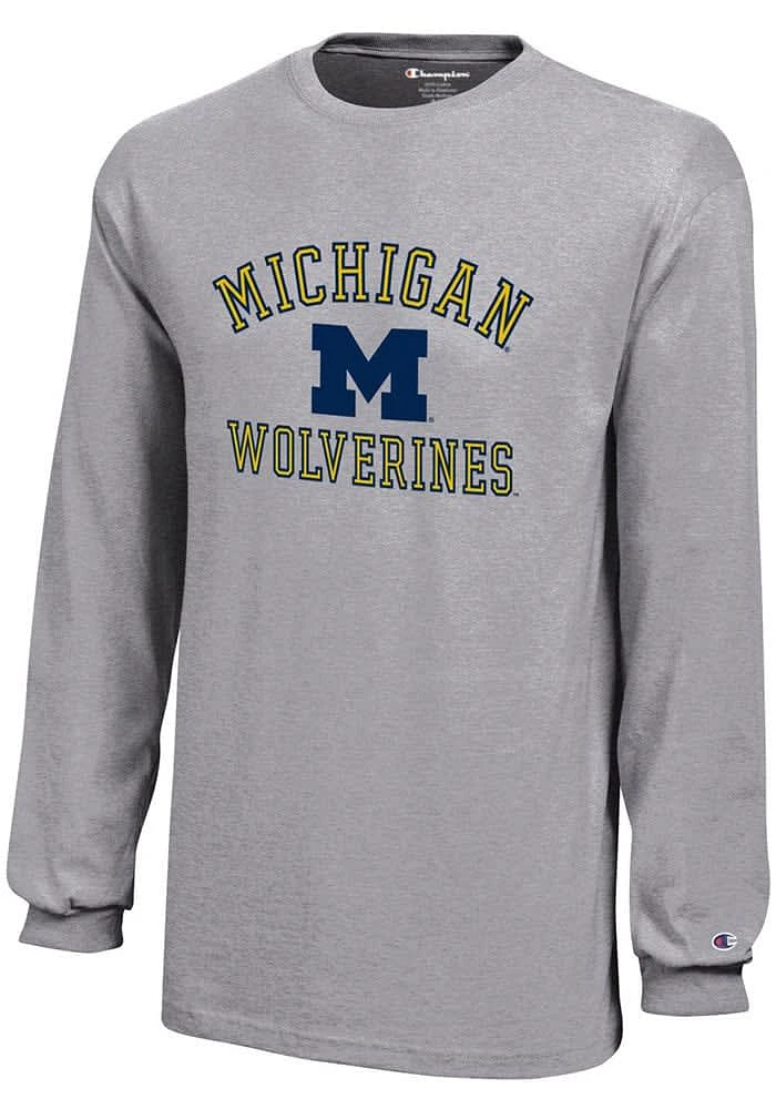 Champion Michigan Wolverines Youth Grey No 1 Design Graphic Long Sleeve T-Shirt