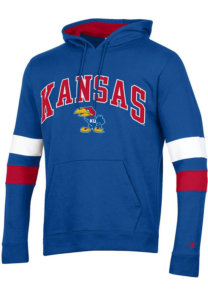 Champion Kansas Jayhawks Mens Blue Blocked Sleeve Long Hoodie