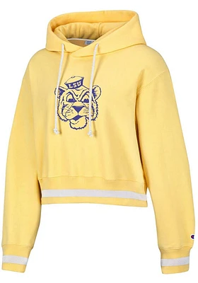 Champion LSU Tigers Womens Yellow Vintage Wash Reverse Weave Crop Hooded Sweatshirt