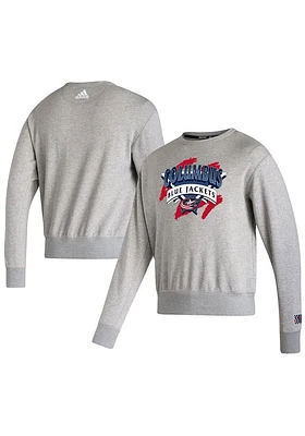 Adidas Columbus Blue Jackets Mens Grey 2022 Reverse Retro Vintage Long Sleeve Crew Sweatshirt