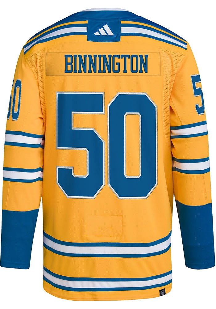 Adidas Jordan Binnington St Louis Blues Mens Gold 2022 Reverse Retro Hockey Jersey