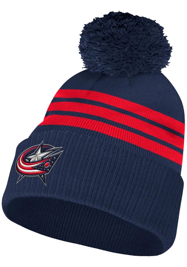 Adidas Columbus Blue Jackets Navy Blue 3 Stripe Cuffed Pom Mens Knit Hat