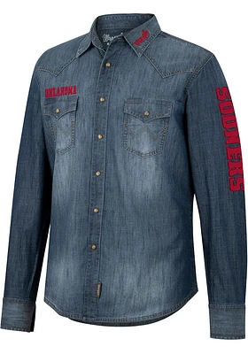 Wrangler Oklahoma Sooners Mens Blue Western Snap Long Sleeve Dress Shirt