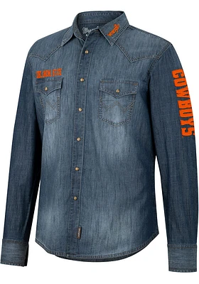 Wrangler Oklahoma State Cowboys Mens Blue Western Snap Long Sleeve Dress Shirt