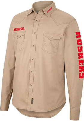 Wrangler Nebraska Cornhuskers Mens Tan Western Snap Long Sleeve Dress Shirt