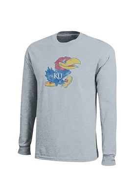 Kansas Jayhawks Grey Distressed Long Sleeve T Shirt