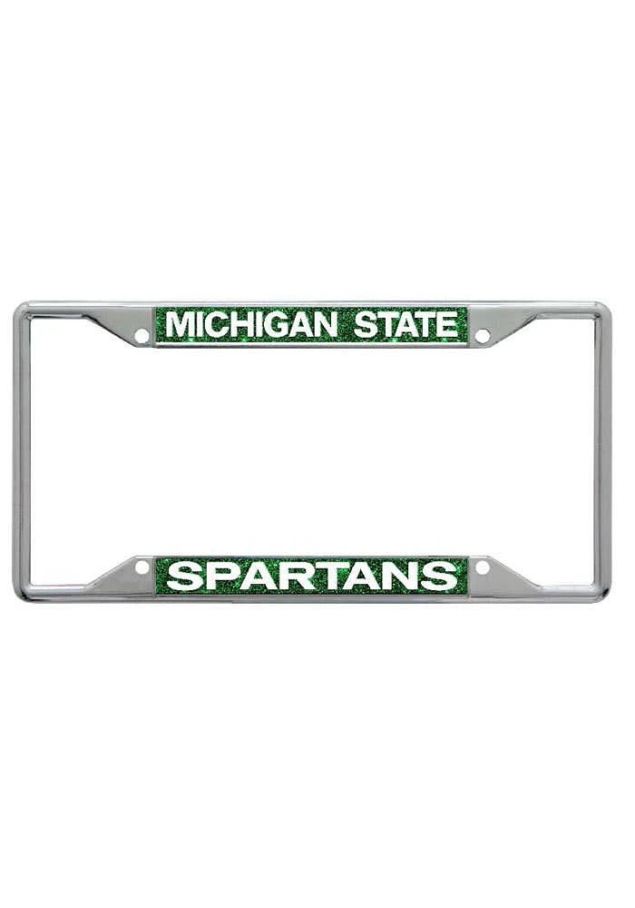 Michigan State Spartans Green Glitter License Plate Frame - Silver