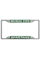 Michigan State Spartans Green Glitter License Plate Frame - Silver