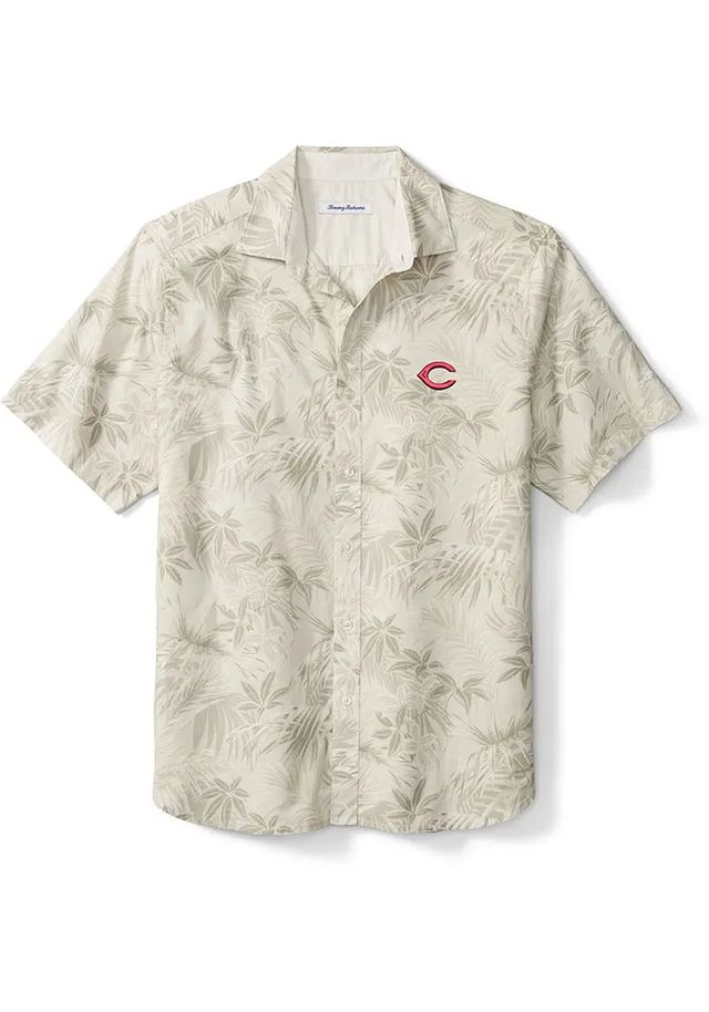 Tommy Bahama Cincinnati Reds Mens Oatmeal Reign Forest Fronds Short Sleeve Dress Shirt