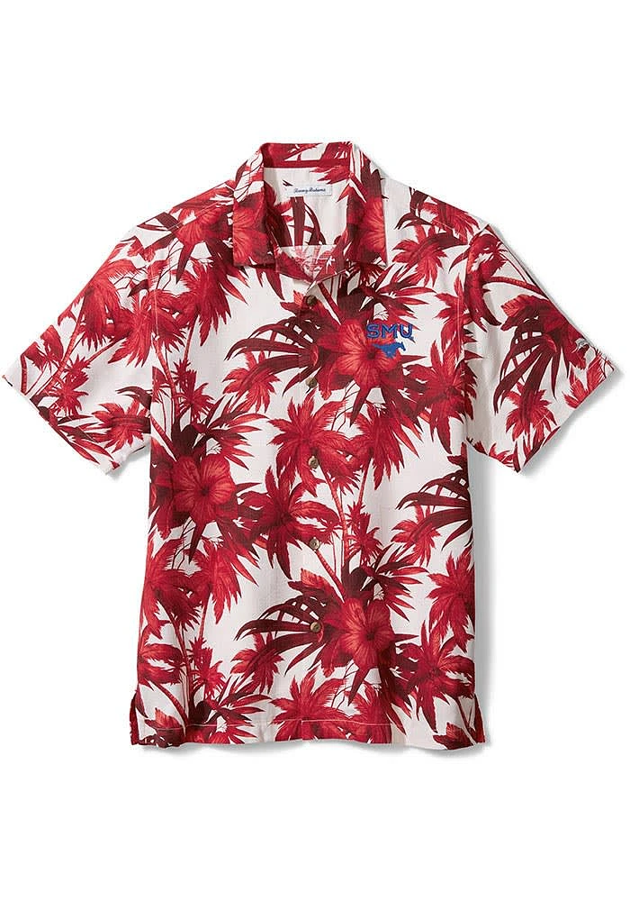 Tommy Bahama SMU Mustangs Mens Red Sport Harbor Island Hibiscus Silk Camp Short Sleeve Dress Shirt