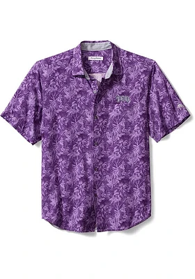 Tommy Bahama TCU Horned Frogs Mens Purple Sport Jungle Shade Silk Camp Short Sleeve Dress Shirt