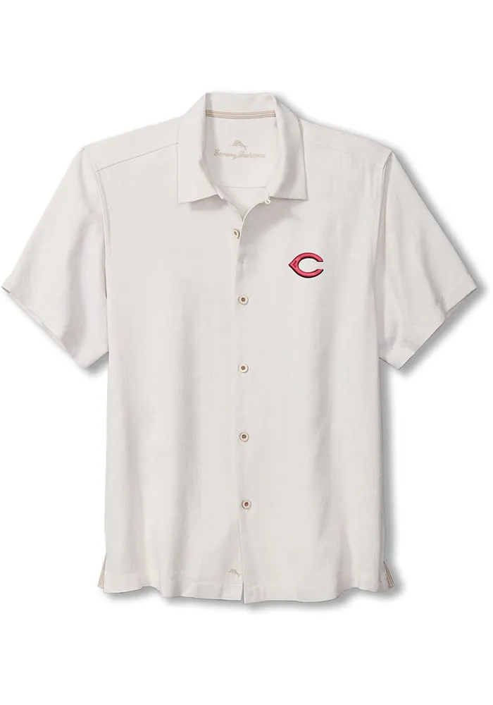 Tommy Bahama Cincinnati Reds Mens Ivory Sport Tropic Isles Camp Short Sleeve Dress Shirt