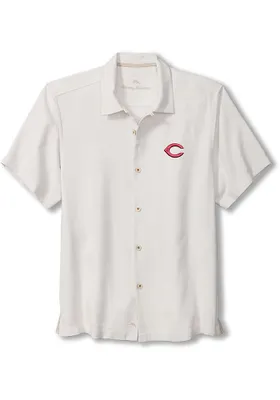 Tommy Bahama Cincinnati Reds Mens Ivory Sport Tropic Isles Camp Short Sleeve Dress Shirt