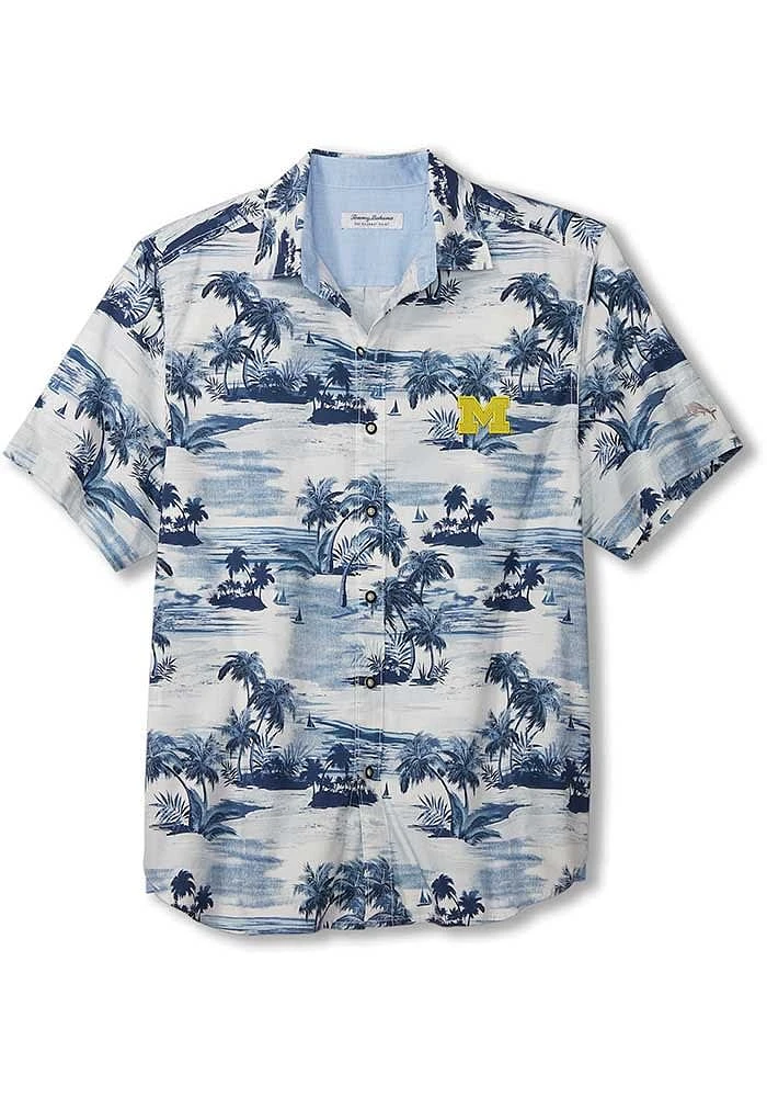 Tommy Bahama Michigan Wolverines Mens Blue Sport Tropical Horizons Short Sleeve Dress Shirt