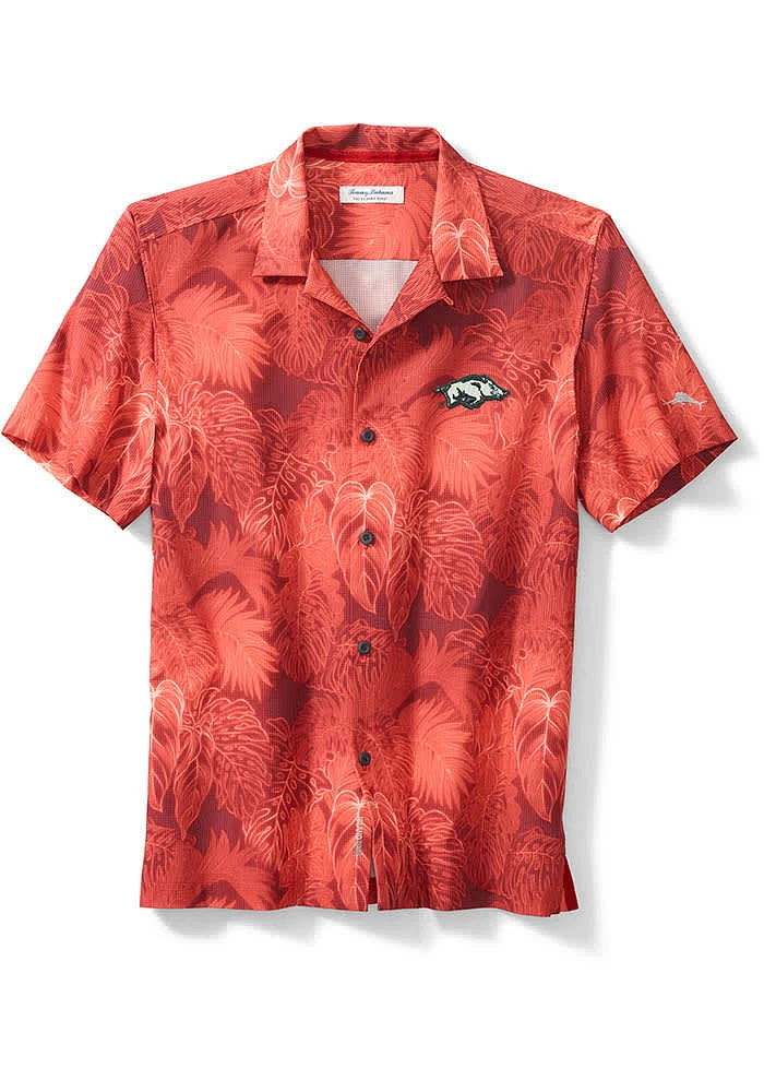 Tommy Bahama Arkansas Razorbacks Mens Red Sport Coast Luminescent Fronds Camp Short Sleeve..
