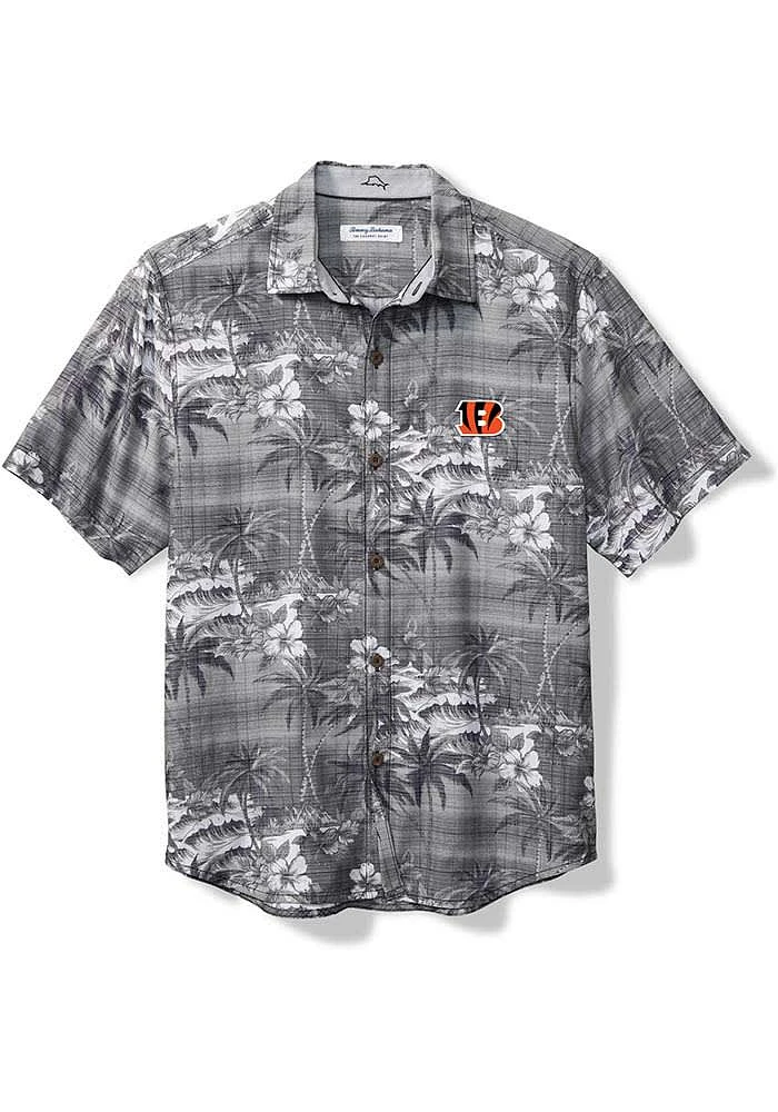 Tommy Bahama Cincinnati Bengals Mens Black Sport Coconut Point Isla Palmeta Short Sleeve Dress Shi..