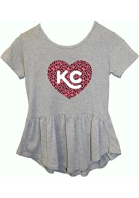 Summit Sportswear Kansas City Girls Grey Cheetah Heart Short Sleeve Fashion T-Shirt
