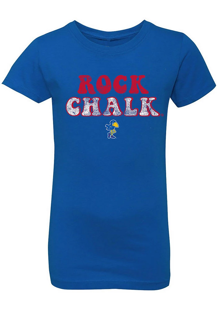 Summit Sportswear Kansas Jayhawks Girls Blue Bubble Script Short Sleeve Tee