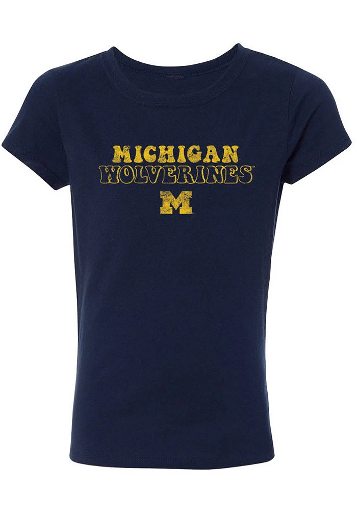 Summit Sportswear Michigan Wolverines Girls Blue Bubble Script Short Sleeve Tee