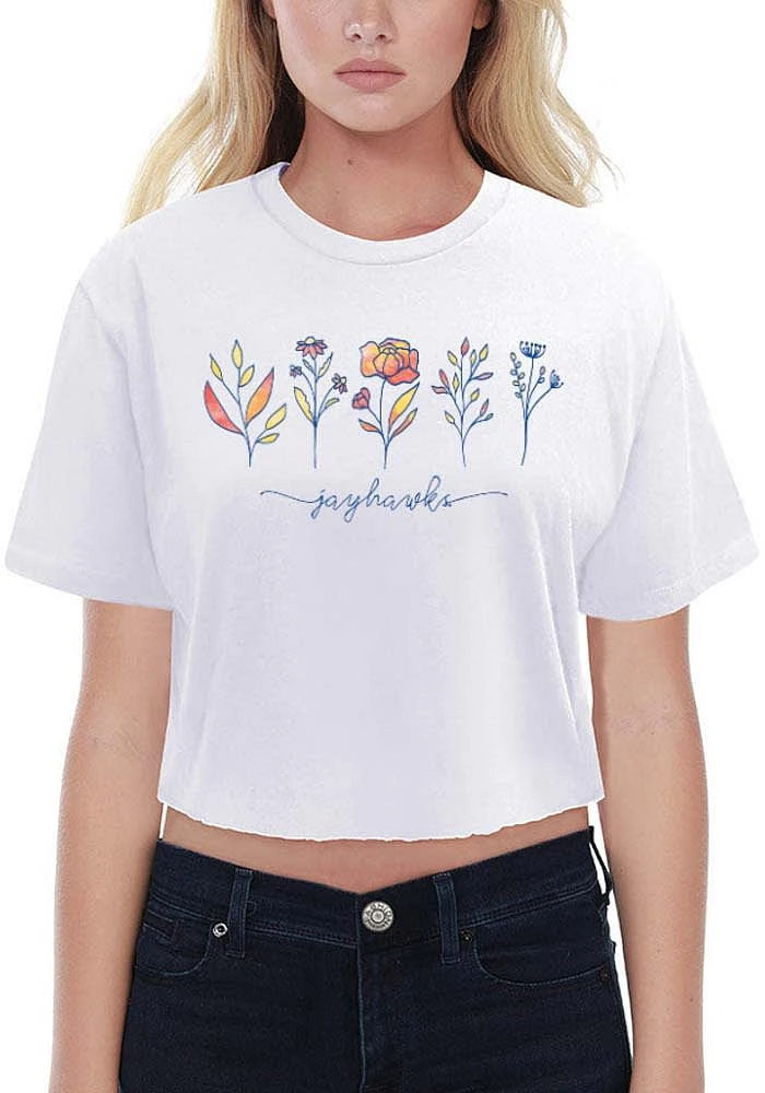 Summit Sportswear Kansas Jayhawks Womens White Floral Crop Short Sleeve T-Shirt