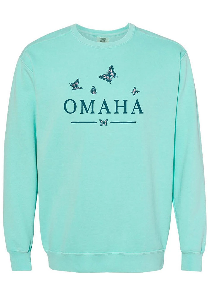 Summit Sportswear Omaha Womens Green Butterflies Wordmark Crew Sweatshirt