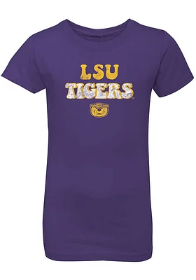 Summit Sportswear LSU Tigers Girls Purple Bubble Script-Vintage Mascot Short Sleeve Tee