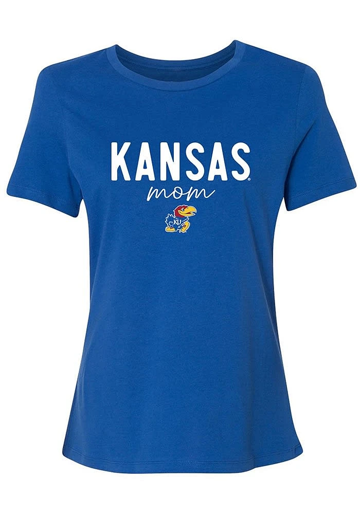Summit Sportswear Kansas Jayhawks Womens Blue Script Mom Short Sleeve T-Shirt