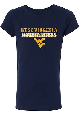 Summit Sportswear West Virginia Mountaineers Girls Navy Blue Bubble Script Short Sleeve Tee