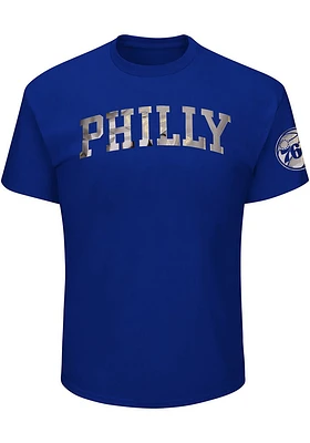 Majestic Philadelphia 76ers Blue Mirror Tek Patch Short Sleeve Fashion T Shirt