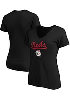 Cincinnati Reds Womens Black Script Tail Short Sleeve T-Shirt