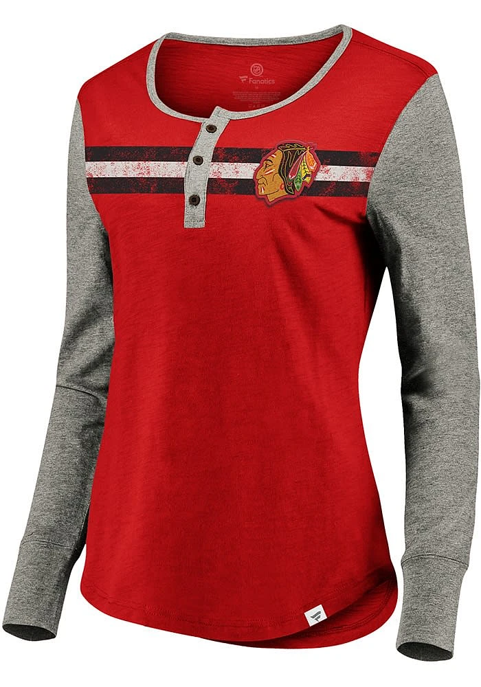 Chicago Blackhawks Womens Red Retro Stripe Henley LS Tee