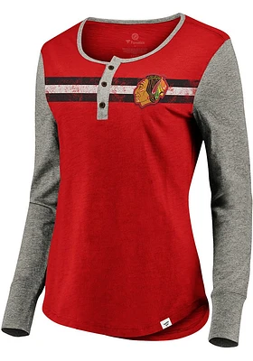 Chicago Blackhawks Womens Red Retro Stripe Henley LS Tee