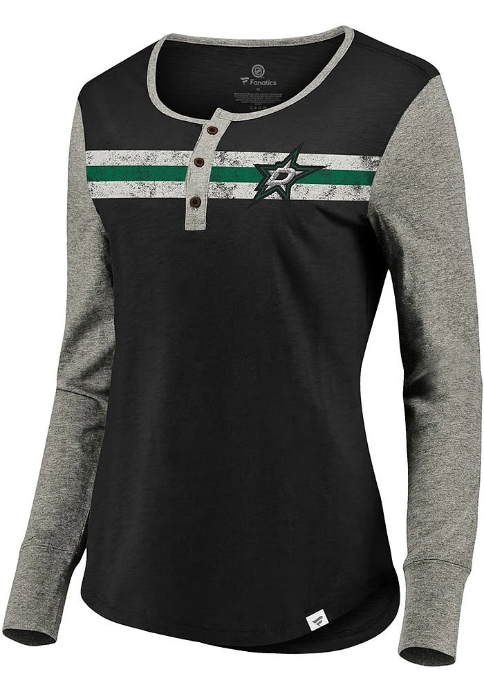Dallas Stars Womens Black Retro Stripe Henley LS Tee