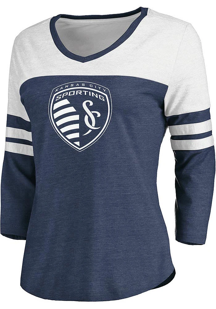 Sporting Kansas City Womens Navy Blue Triblend Flock Logo 3/4 Sleeve V LS Tee