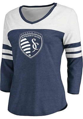 Sporting Kansas City Womens Navy Blue Triblend Flock Logo 3/4 Sleeve V LS Tee