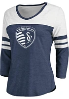 Sporting Kansas City Womens Navy Blue Triblend Flock Logo 3/4 Sleeve V LS Tee