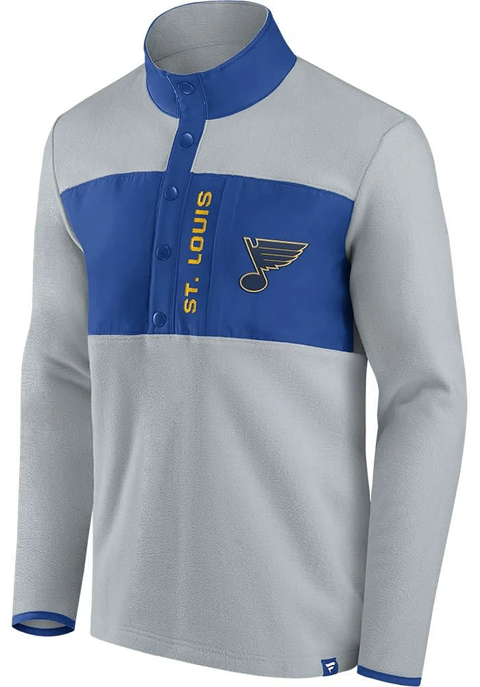 St Louis Blues Mens Grey Iconic Polar Fleece Snap Long Sleeve Qtr Zip Pullover